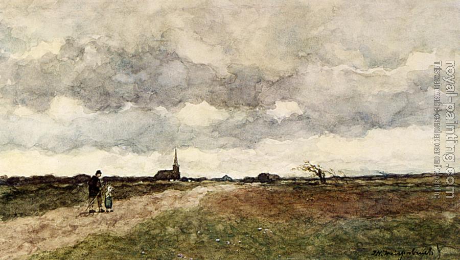 Jan Hendrik Weissenbruch : Figures On A Country Road A Church In The Distance